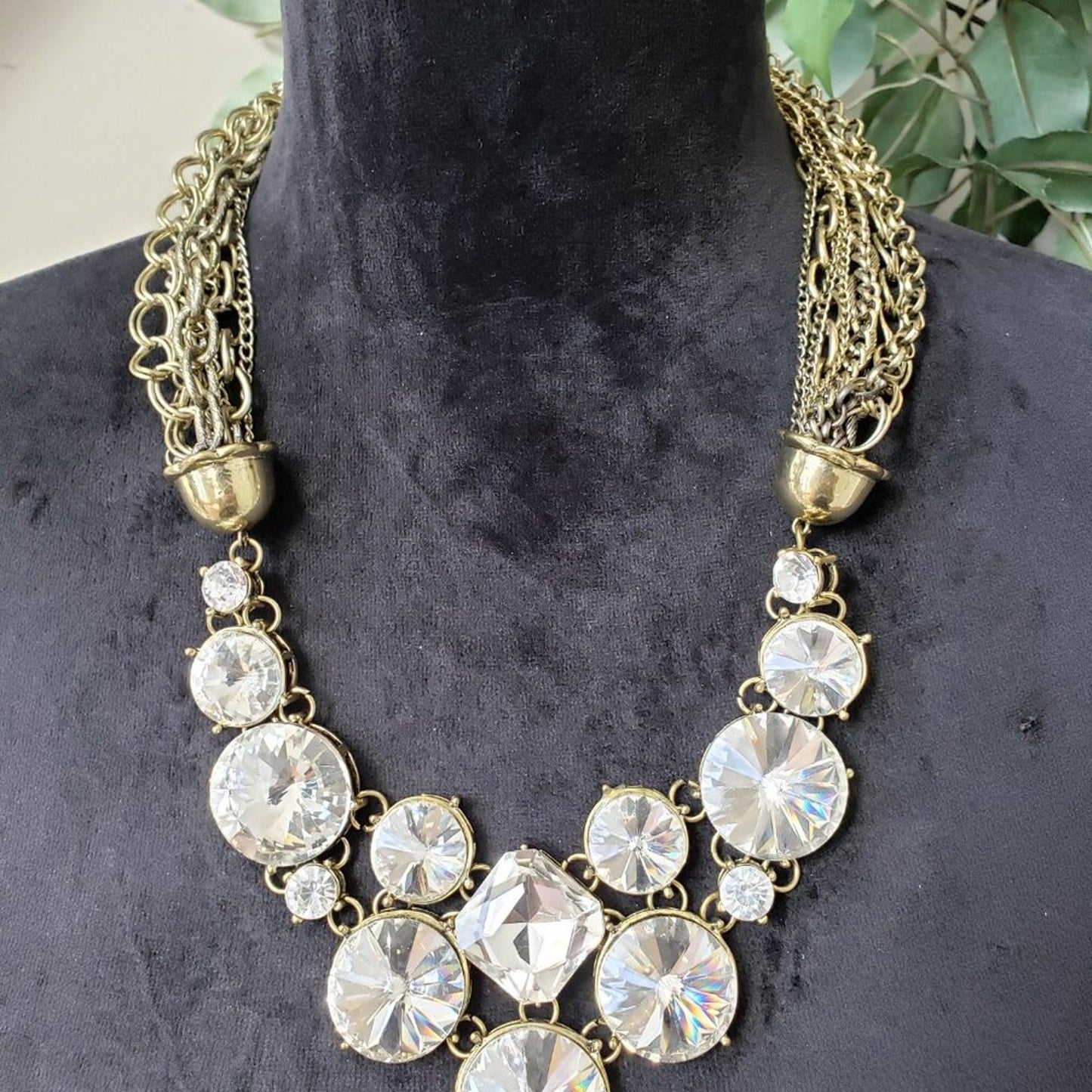 Womens Clear Crystal Stone Gold Tone Multiple Layer Chain Necklace with Lobster