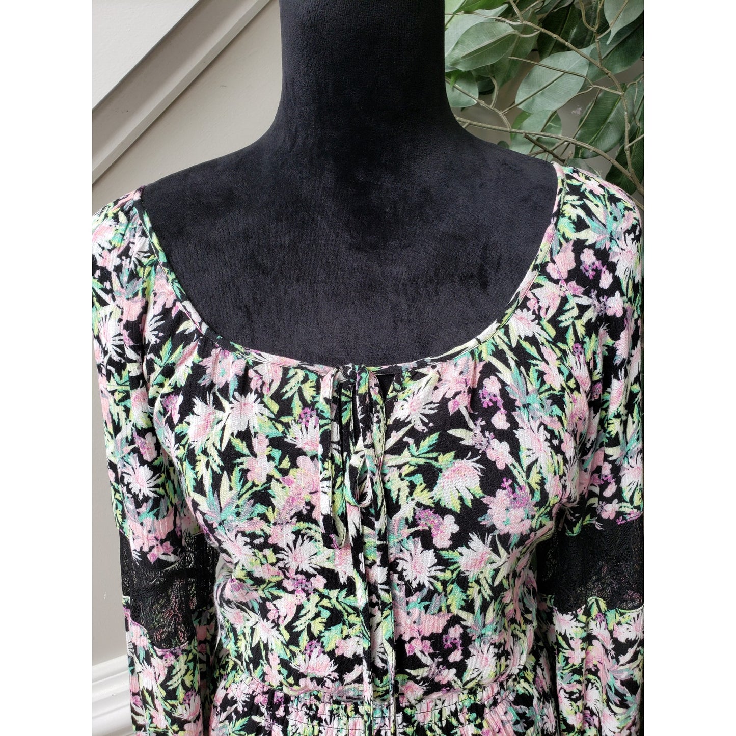 Princess Vera Fit & Flare Dress Women Large Black Floral Round Neck Long Sleeve