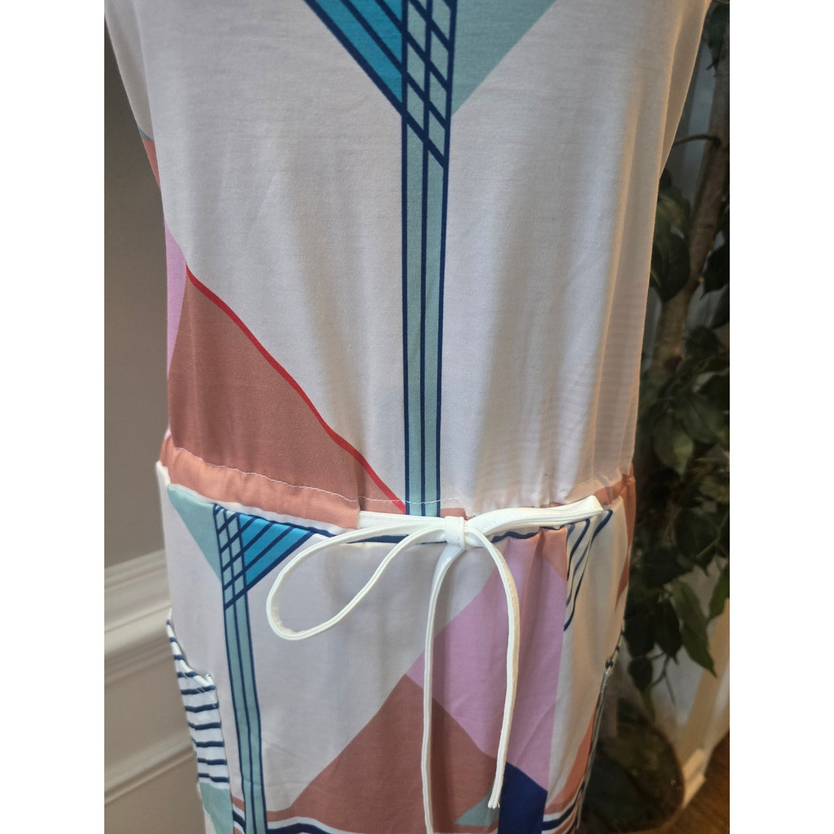 Saukole Mini Dress Women 2XL Multicolor Geometric Drawstring Waist Keyhole Neck