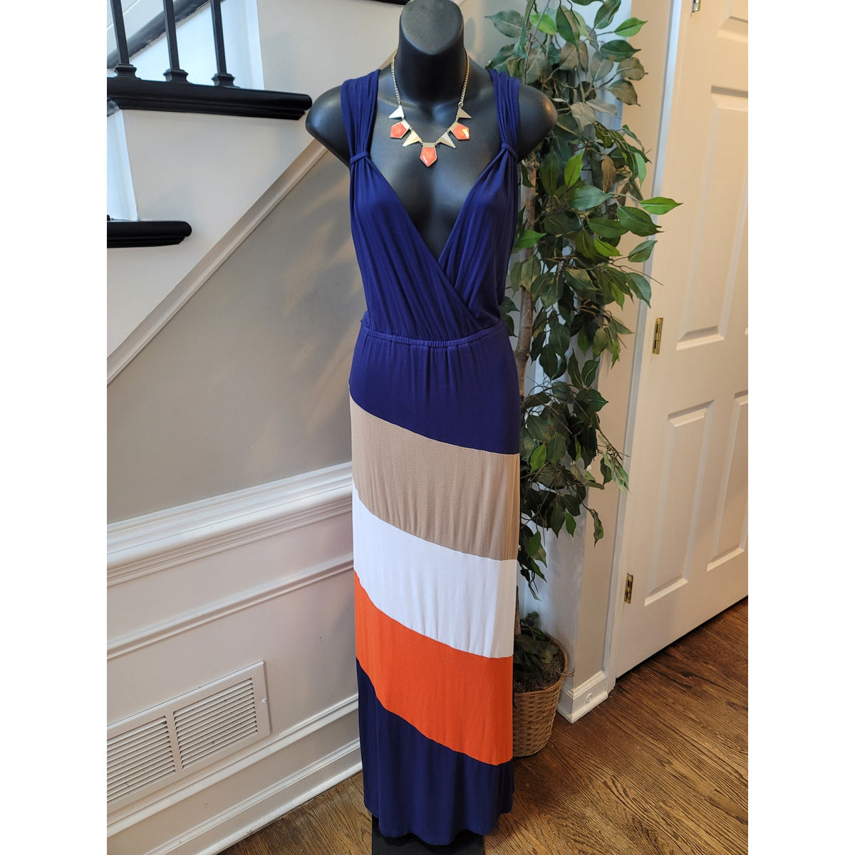 Spense Maxi Dress Women's 1X Navy Striped Stretch Pleated Wrap V-Neck High-Low