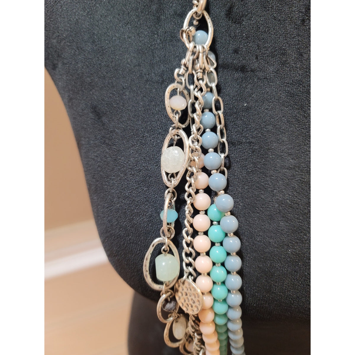 Womens Multi Layer Beaded Charm Necklace Toggle Lock Pastel Blue And Green Beads