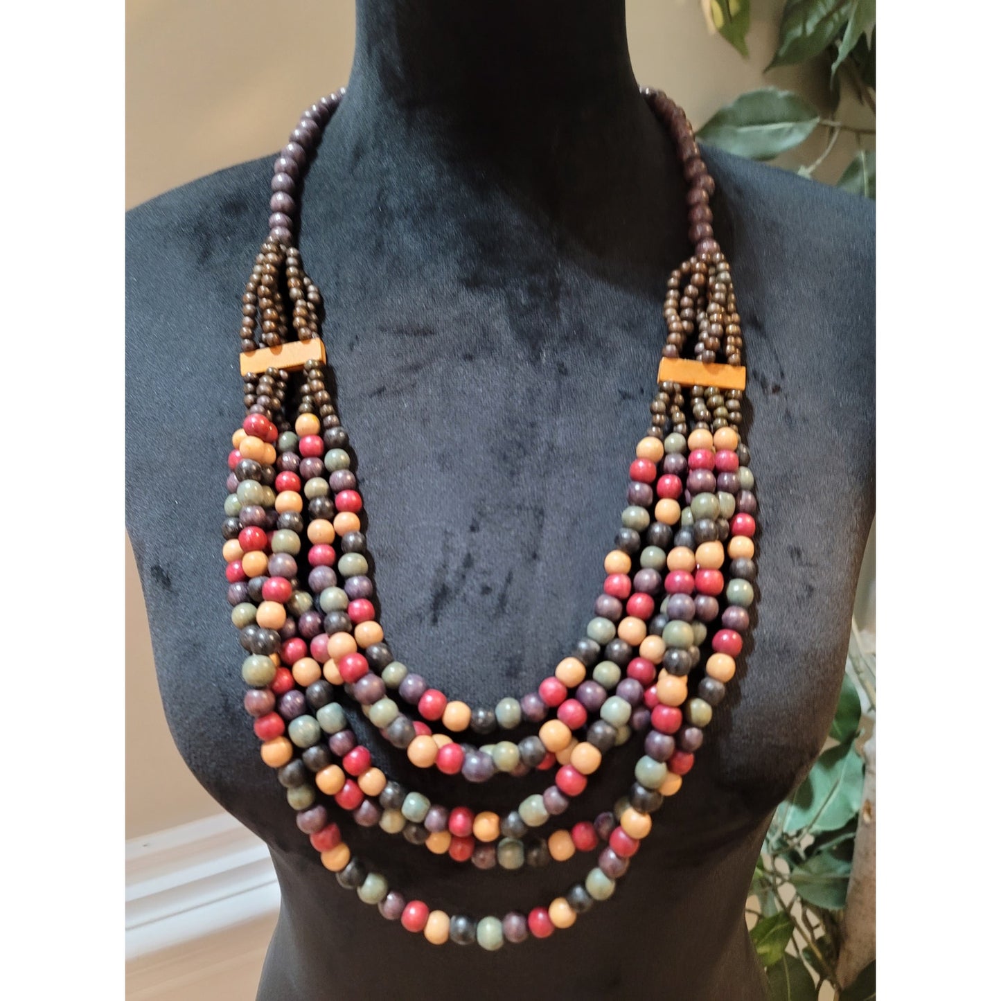 Women Multicolor Wooden Beaded Necklace Multi Strand Jewelry With Lobster Clasp
