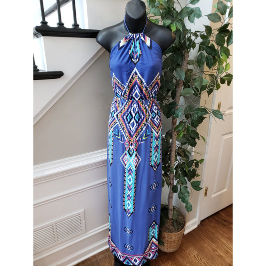 No Boundaries Long Maxi Dress Womens L Blue White Pleated Halter Neck Sleeveless