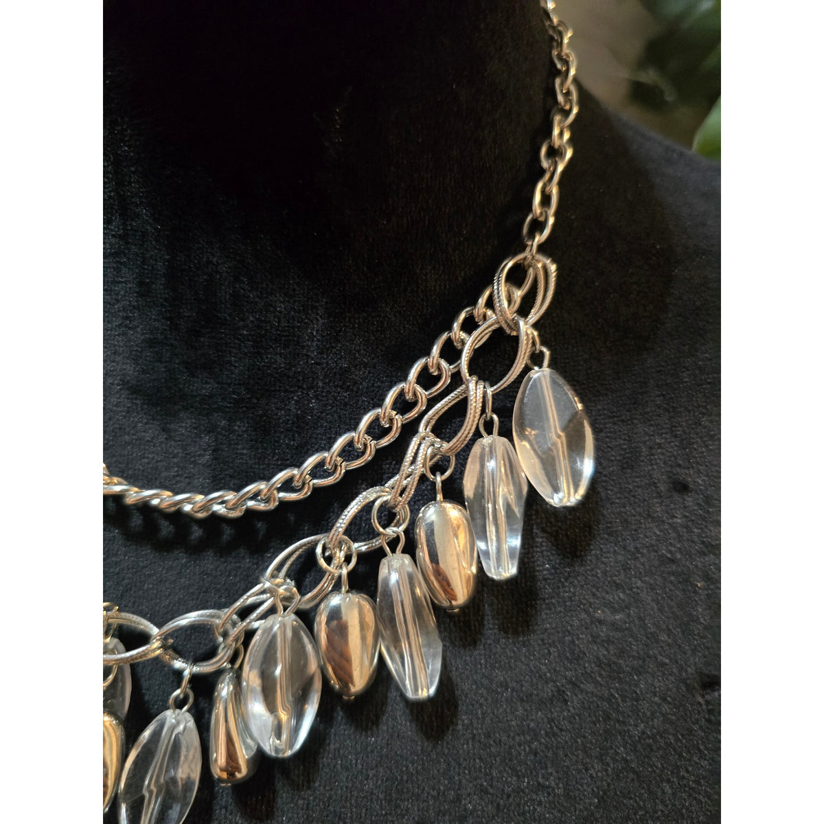 Women's Silver Tone Chain Necklace Clear Acrylic Drop Dangle Adjustable Clasp