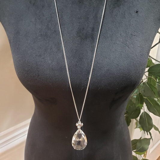 Womens Fashion Clear Faceted Rock Crystal Pendant Teardrop Necklace with Lobster