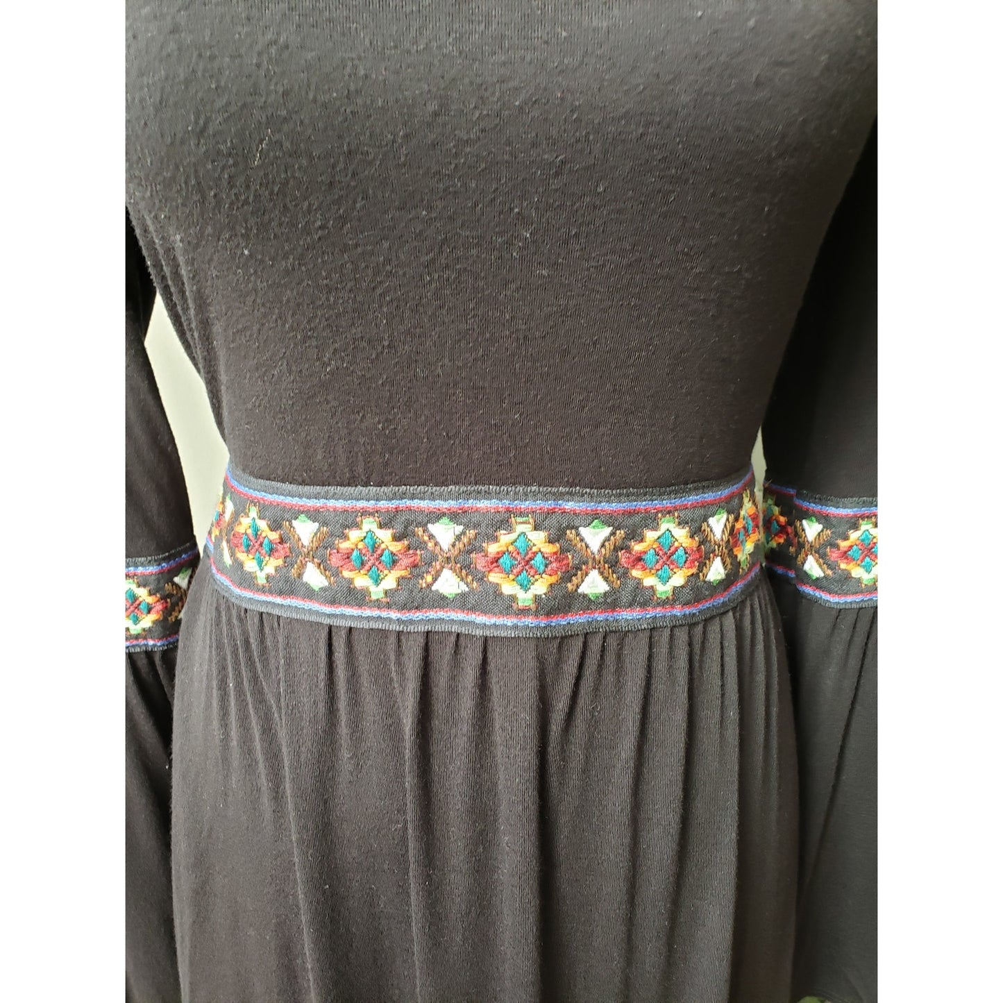 Peppermint Fit & Flare Dress Women M Black Rayon Embroidered Belted Boat Neck