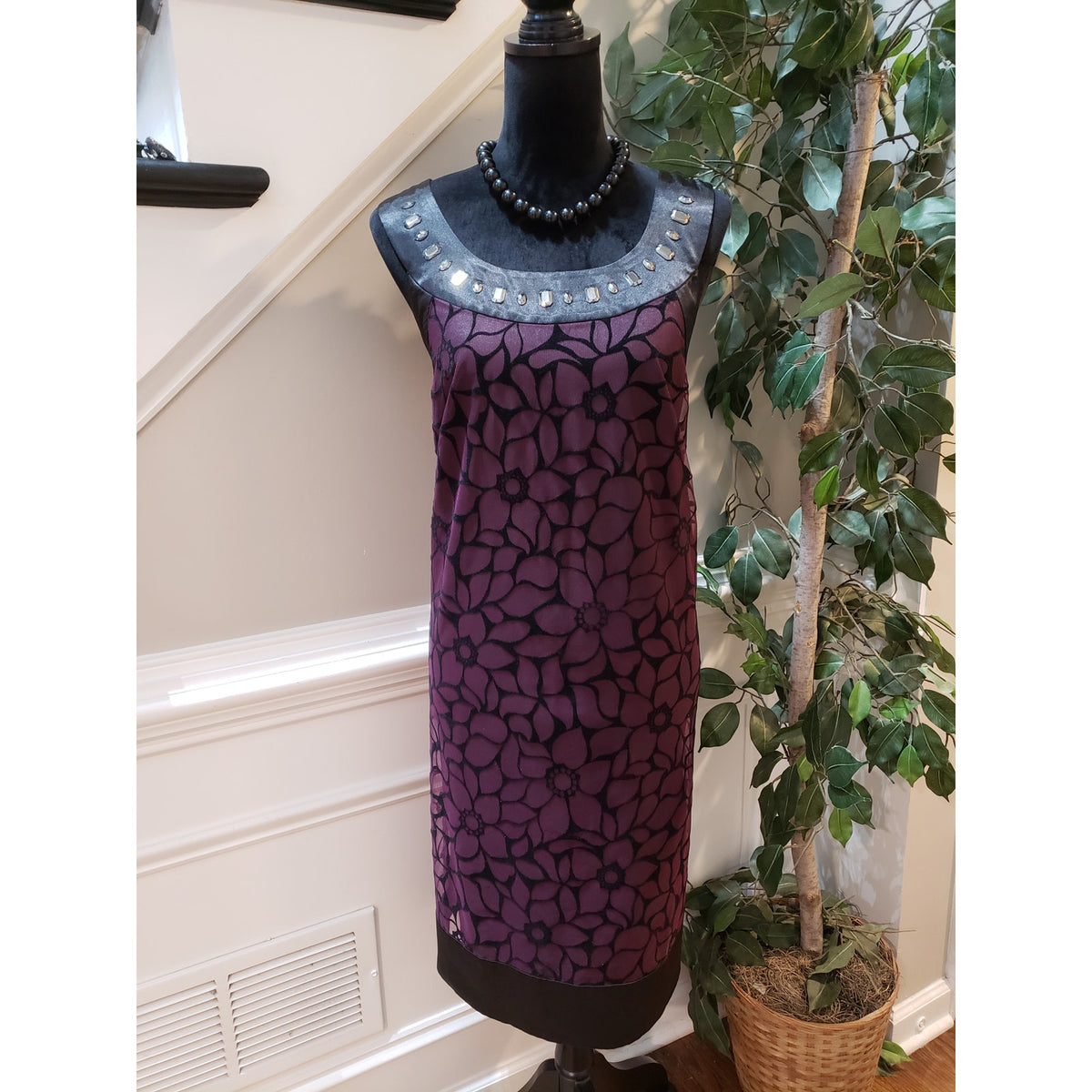 Signature by Robbie Bee Sheath Dress Women's 18W Black & Purple Floral Beaded