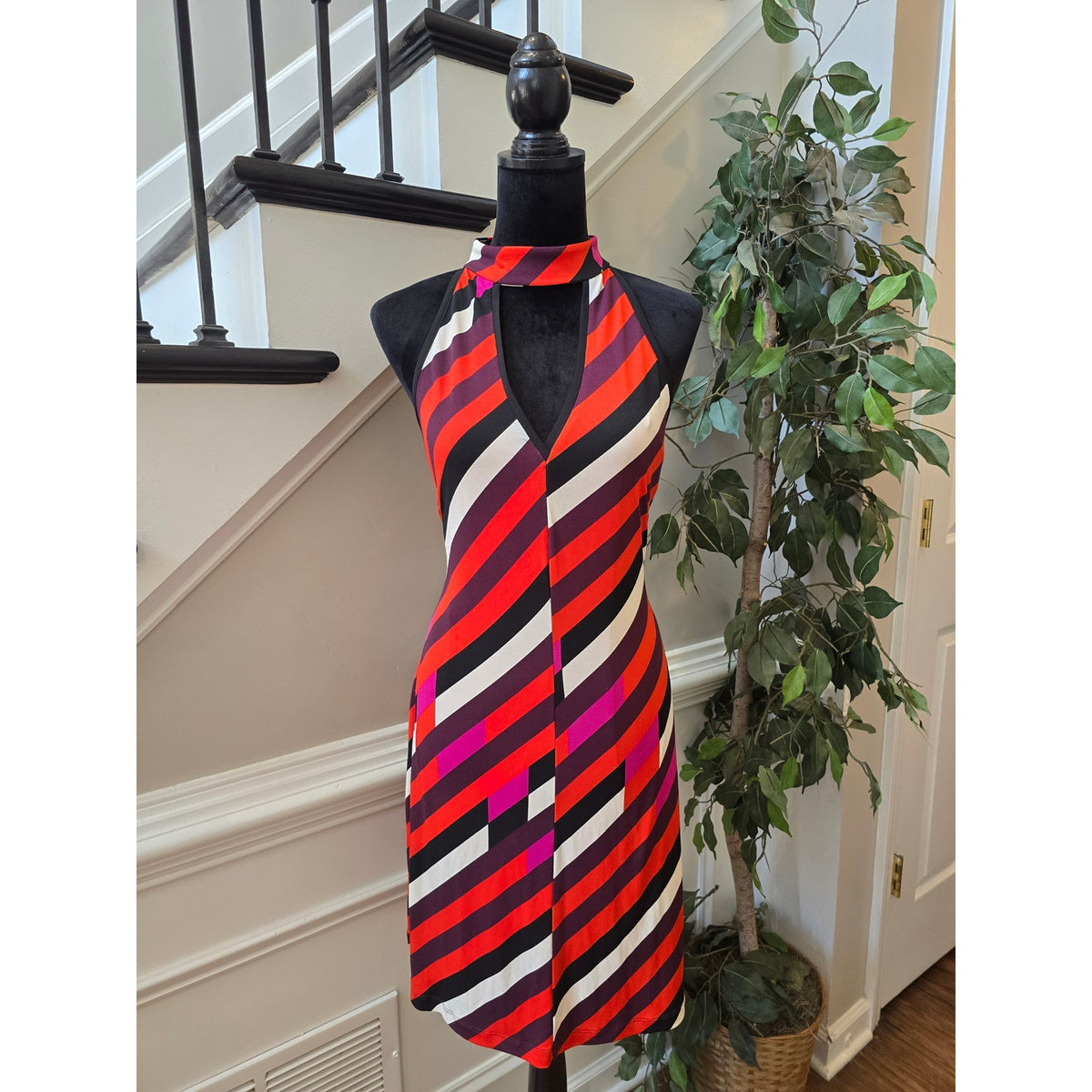 Boston Proper Sheath Dress Women's SZ 12 Multicolor Striped Keyhole Halter Neck