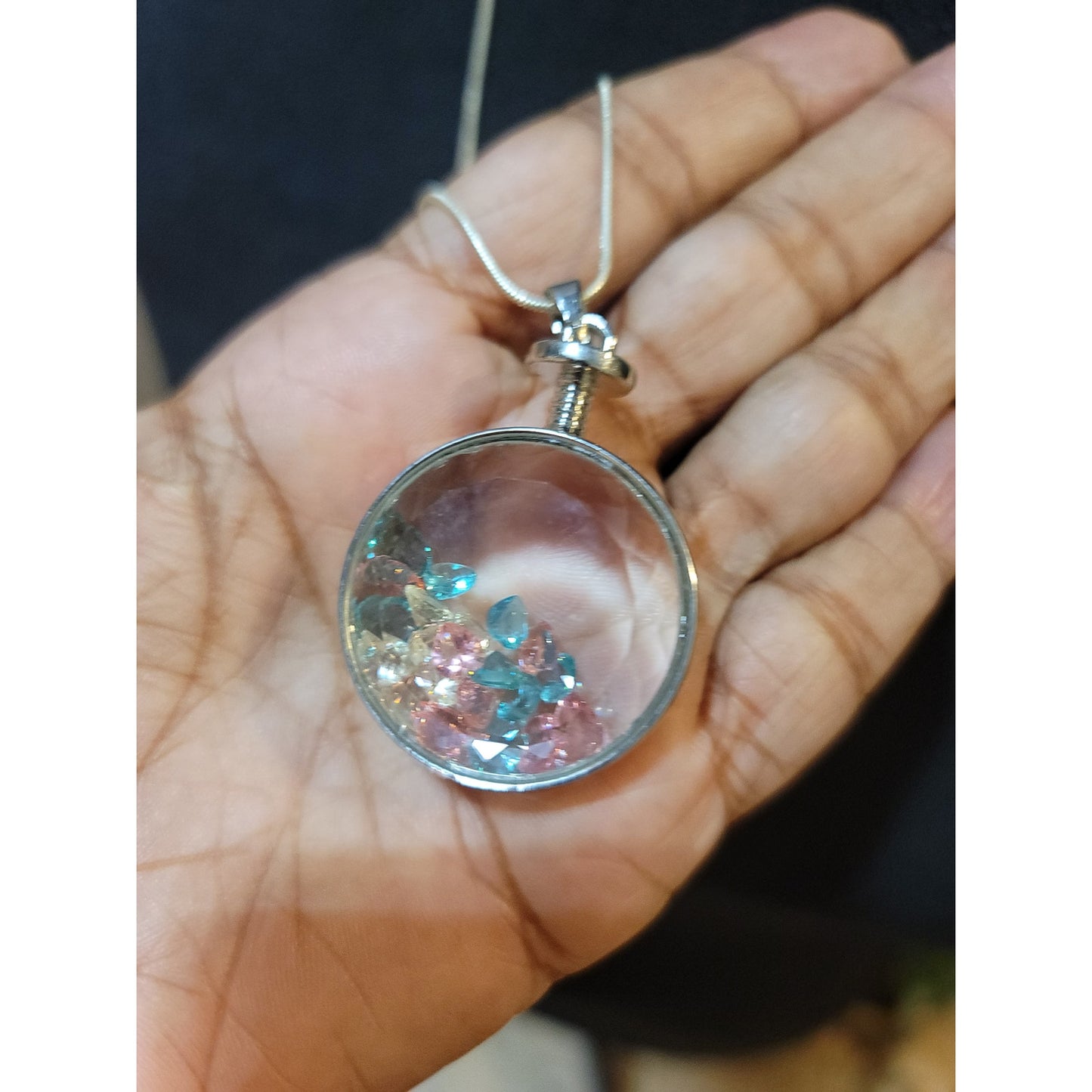 Women’s Long Pendant Necklace With Round Glass Locket And Multicolor Crystals
