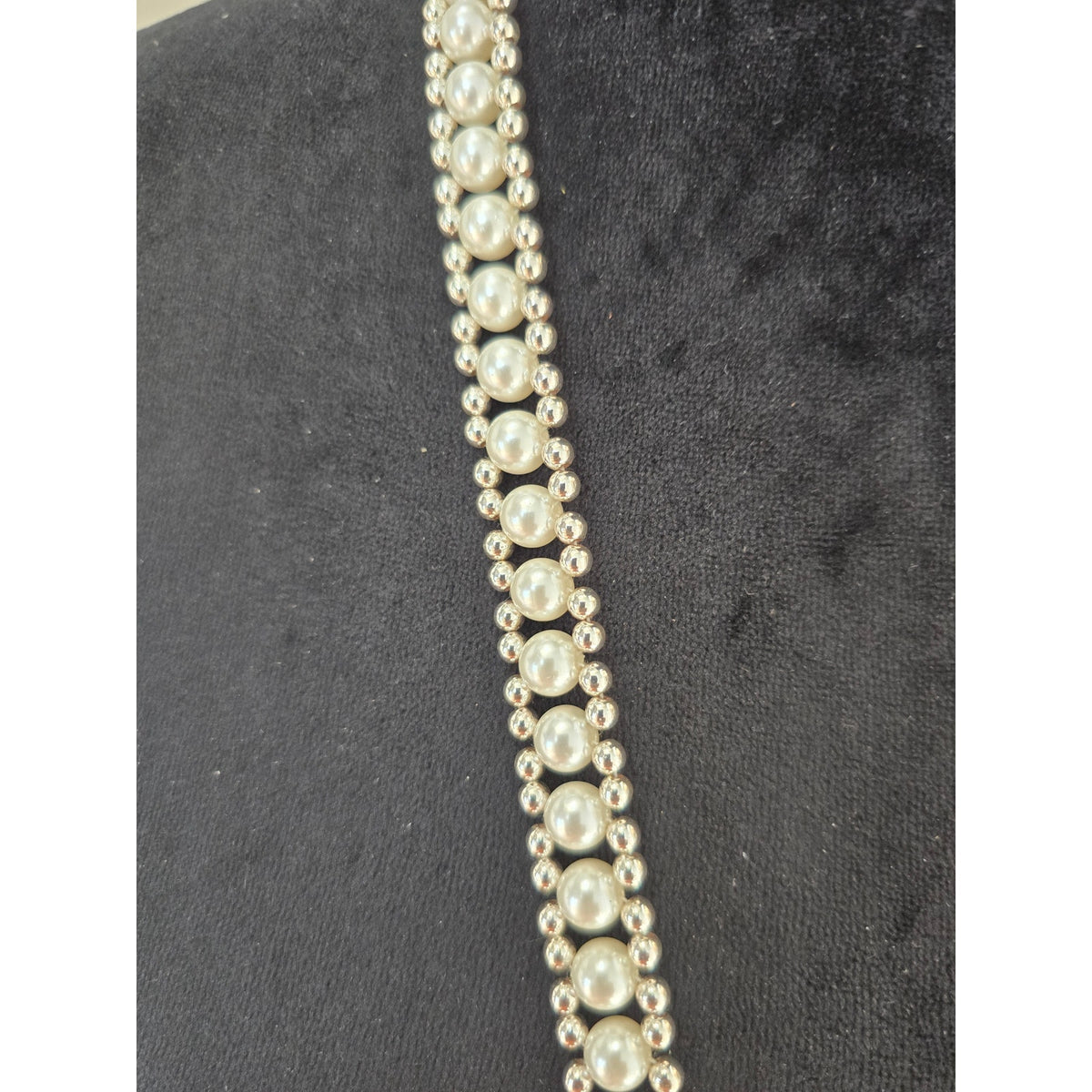 Silver Tone Rhinestone Faux Pearl Tassel Long Statement Necklace