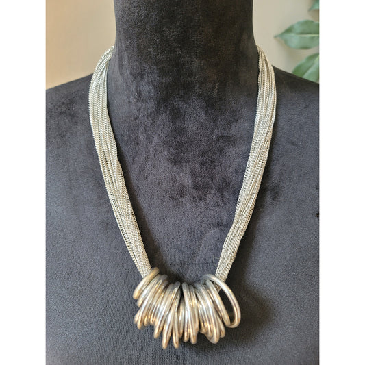 Women's Chunky Silver Statement Necklace With Rings And Lobster Clasp Lock