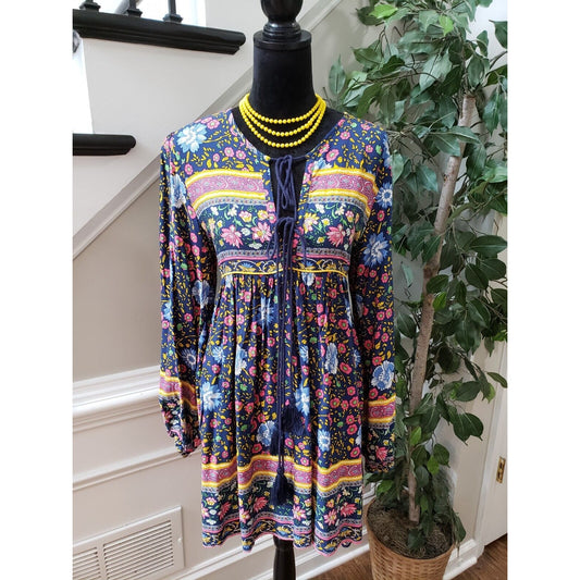 R. Vivimos Women Multicolor Polyester V-Neck Long Sleeve Knee Length Dress Large