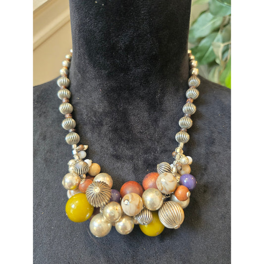 Chico's Women Multicolor Beaded Statement Necklace Chunky Bib Fashion Jewelry