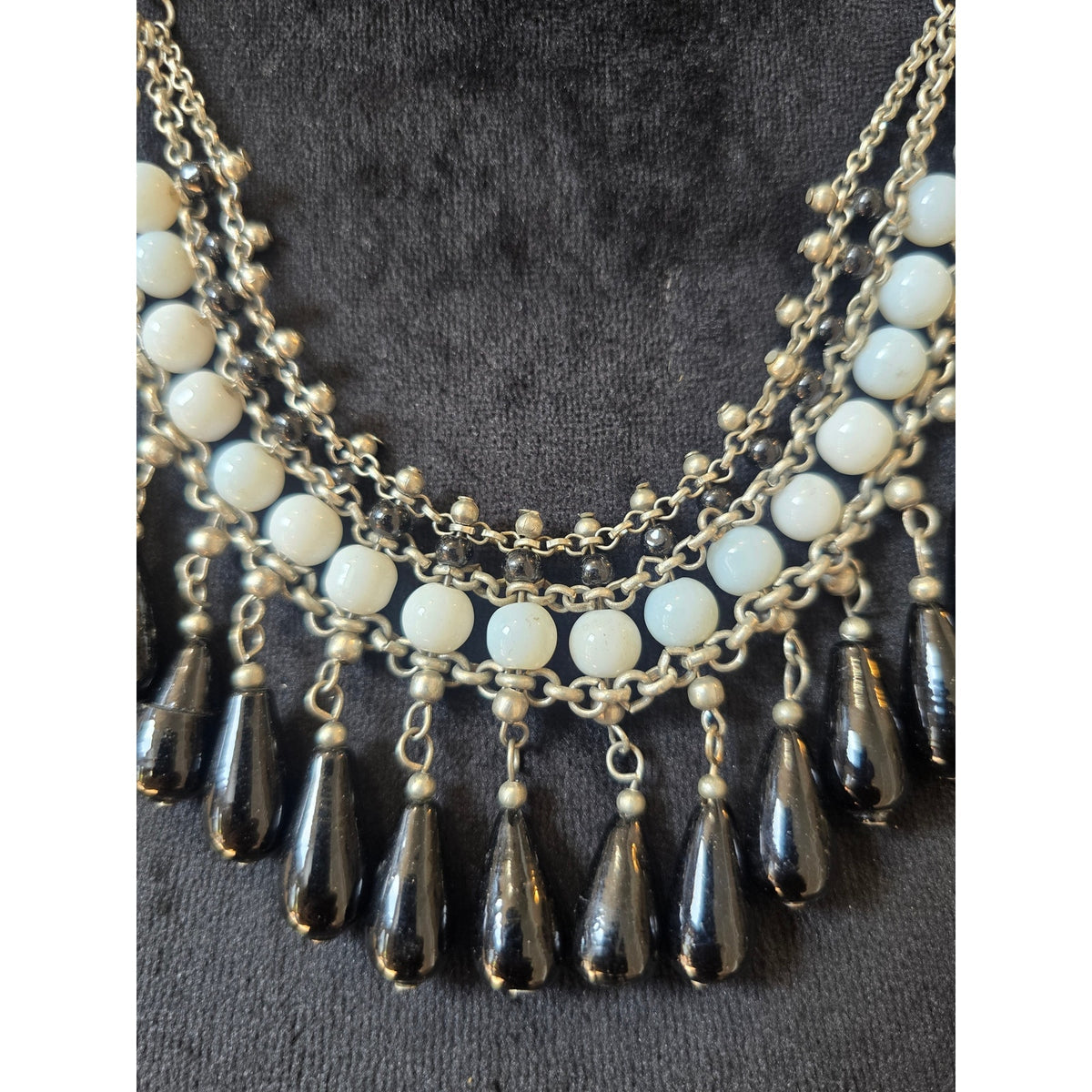 Silver Tone White Beaded Black Teardrop Bib Statement Necklace