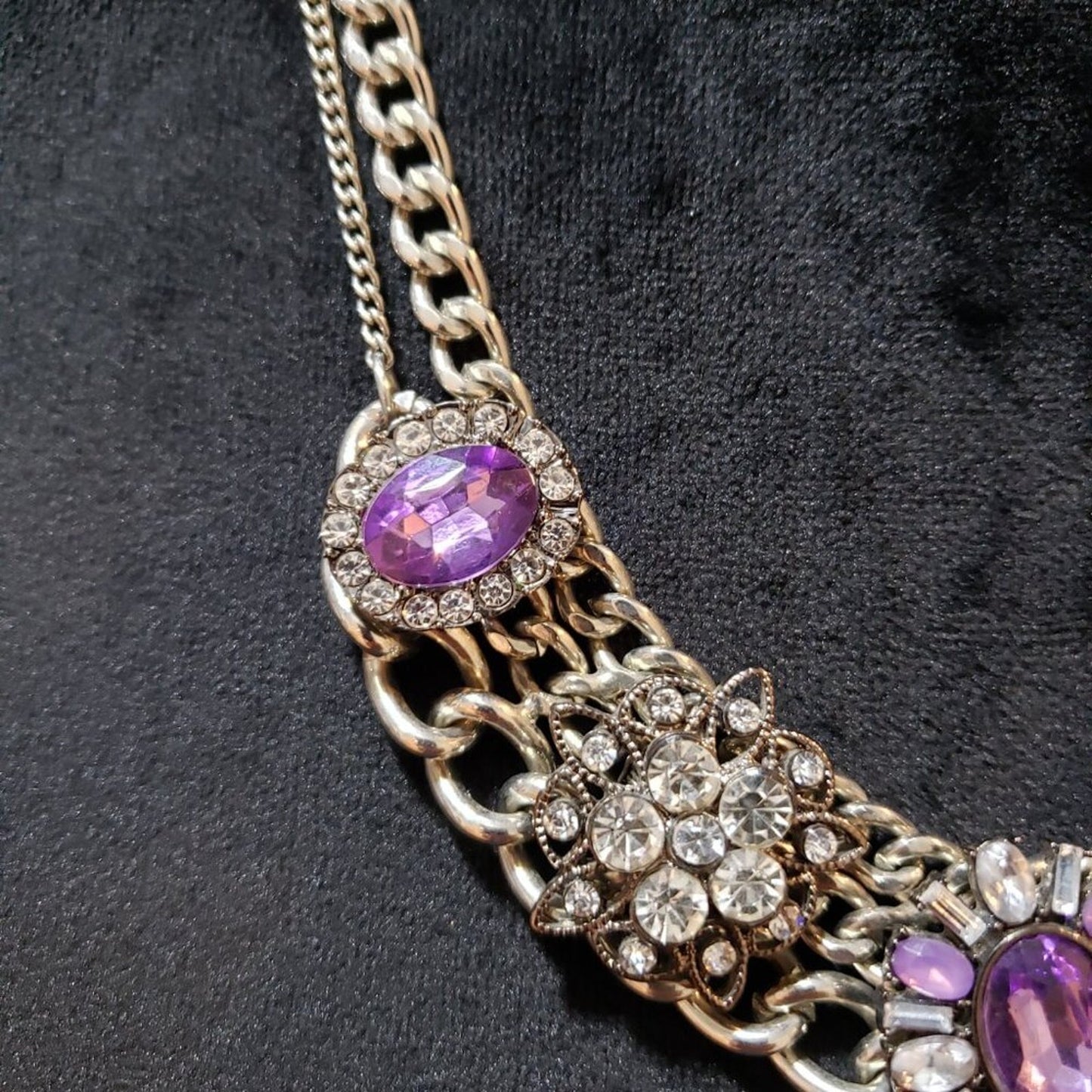 Womens Silver Amethyst & Rhinestone Double Chain Collar Necklace Lobster Clasp