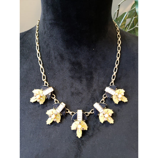 Women's Gold Tone Floral Statement Necklace Black Yellow Beaded Chain T Lock