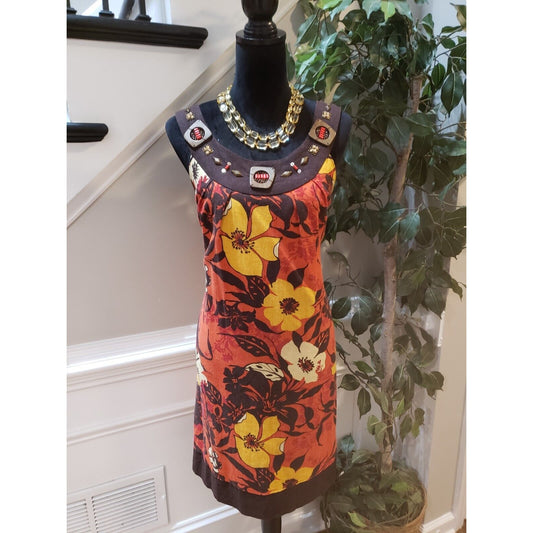 Signature by Robbie Bee Womens Linen Floral Lined Beaded Knee Length Dress 14