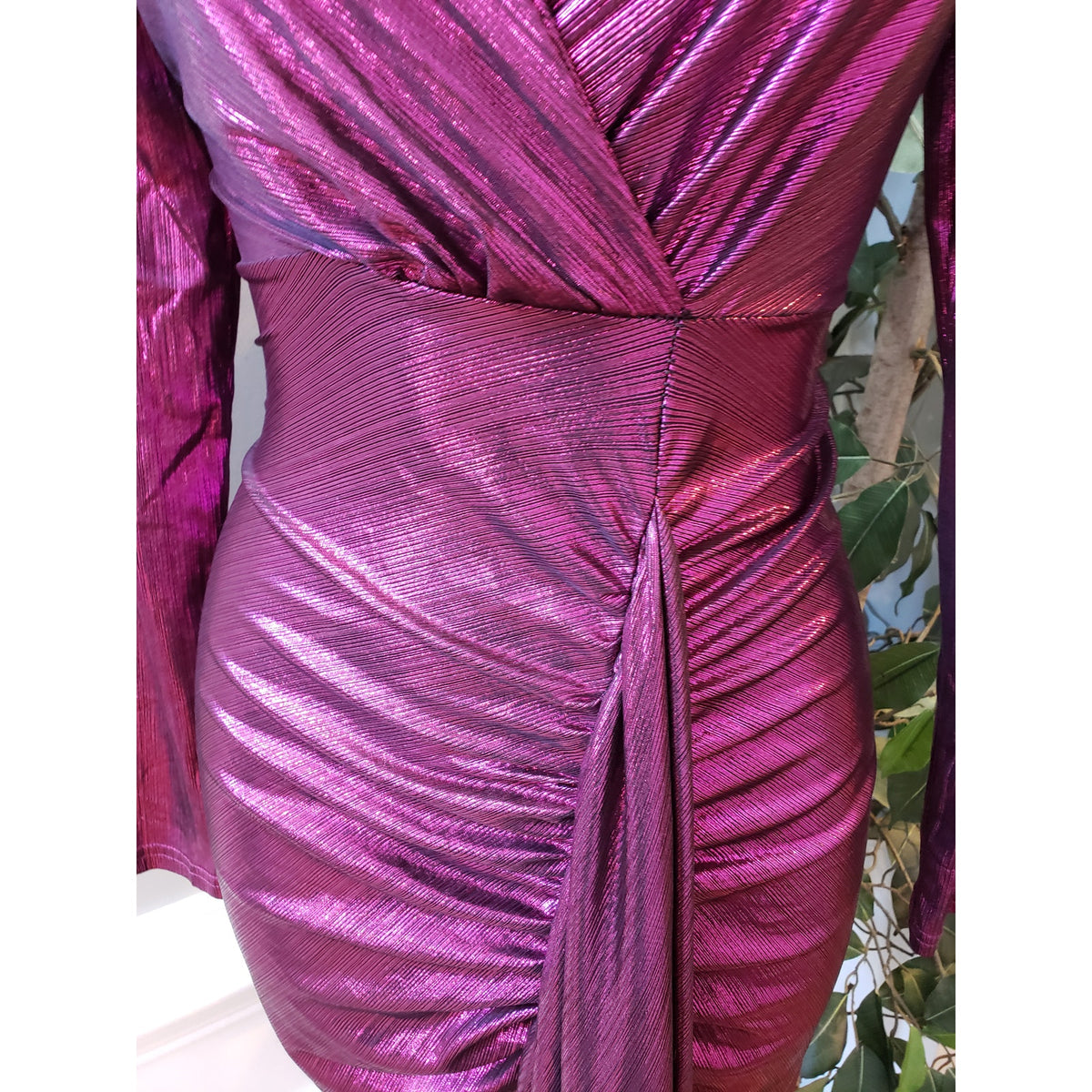 Women's Wrap Dress Small Purple Metallic Tight Waist Ruched Back Zip Deep V Neck