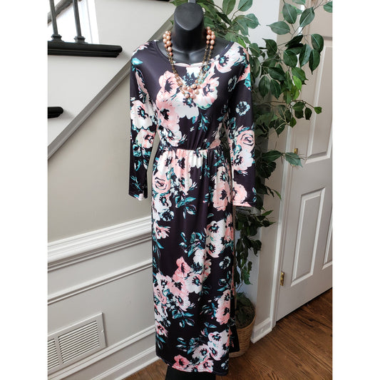 Women Long Maxi Dress M Black Floral Stretch Long Sleeve Boat Neck Pleated Waist