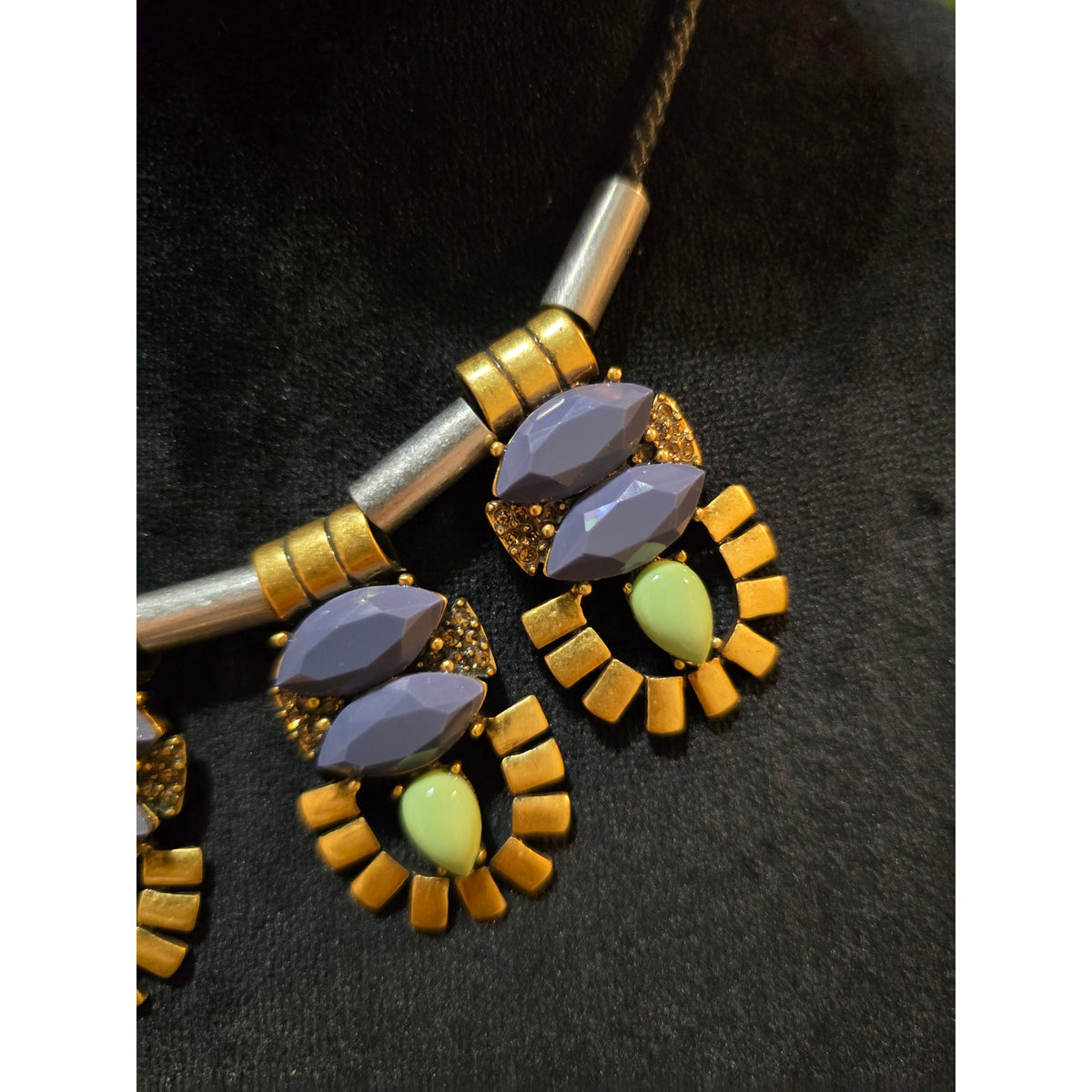 Women's J Crew Necklace Purple Green Stone Gold Tone Bib Pendant
