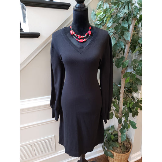 Isaac Mizrahi Sweater Dress Womens L Black Raglan Sleeve & Hem V Neck Pullover
