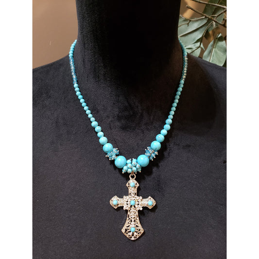 Womens Gold Tone Turquoise Beads Rhinestone Cross Pendant Necklace with Lobster