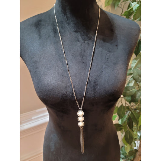 Women’s Pearl Triple Disc Tassel Necklace With Lobster Lock Long Silver Chain