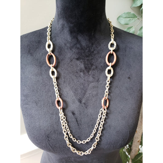 Women's Silver Chain Necklace with Circular Links and Wooden Accents
