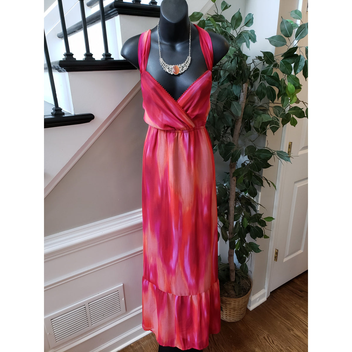 A.N.A Long Maxi Dress Women's Size XL Multi Tie Dye Cinch Waist Back Wrap V Neck