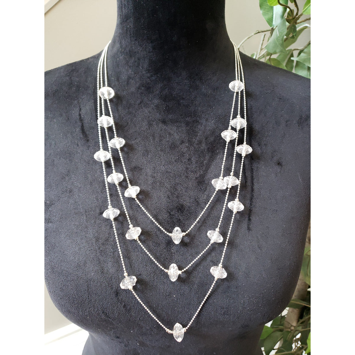 Women Silver Layered Necklace Clear Crystal Beaded Multi Strand Lobster Clasp