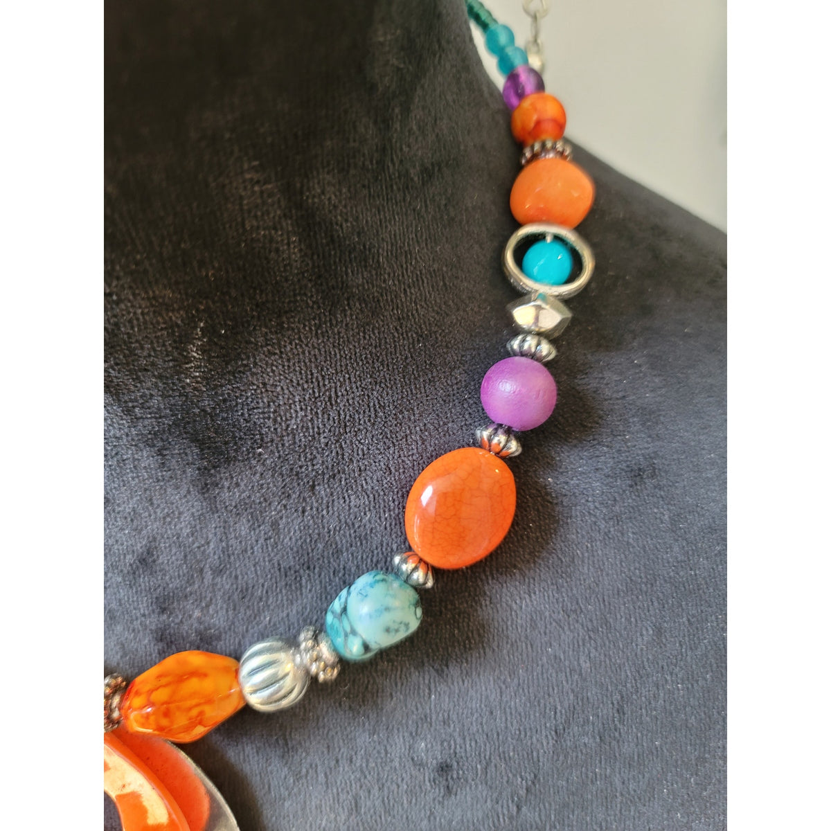 Women's Colorful Beaded Statement Necklace With Orange Circle Pendant Design