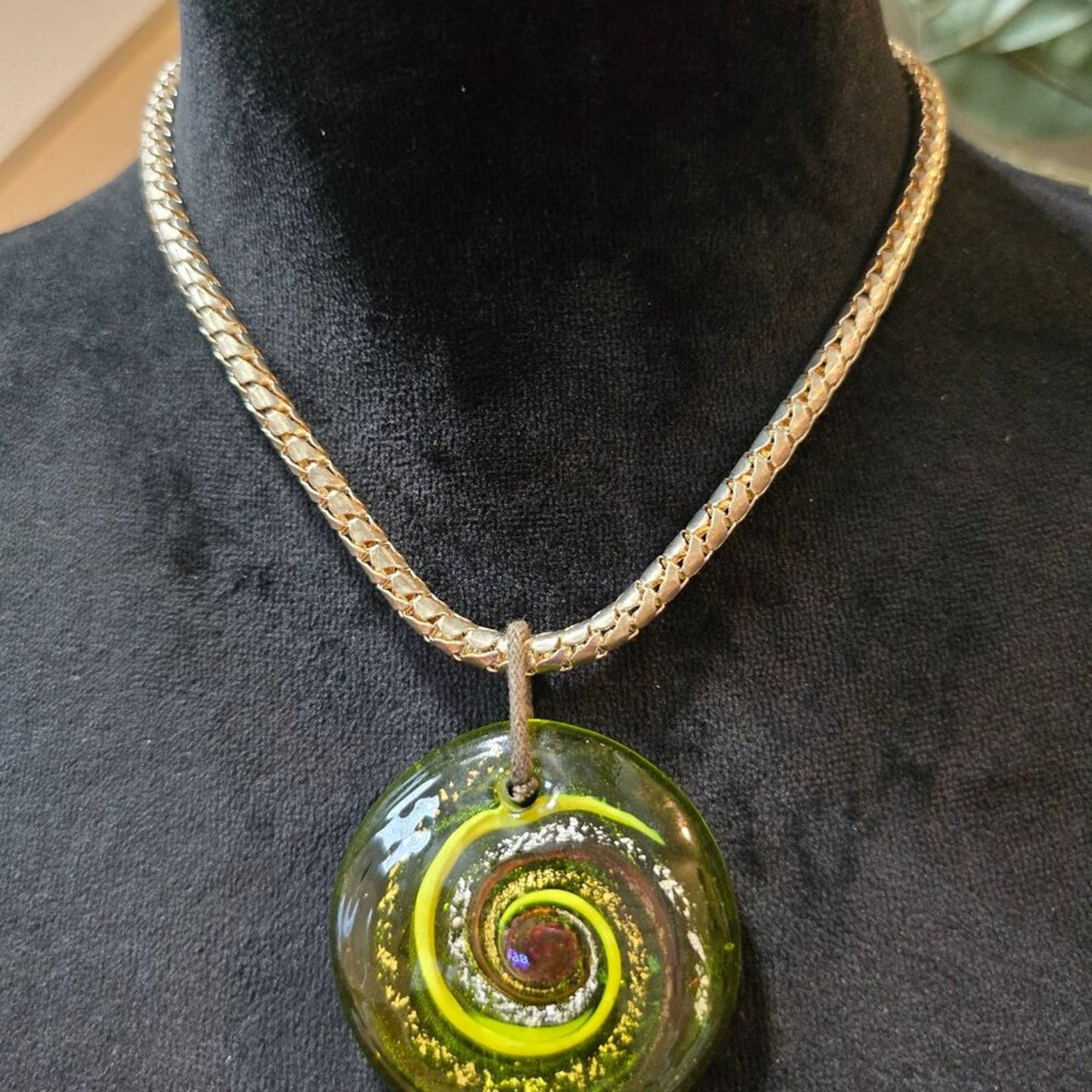 Womens Long Green Glass Bronze Pendant Statement Necklace Lobster Clasp