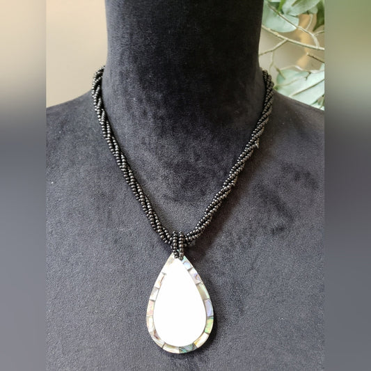 Womens Mother of Pearl Teardrop Black Glass Seed Bead Chain Pendant Necklace