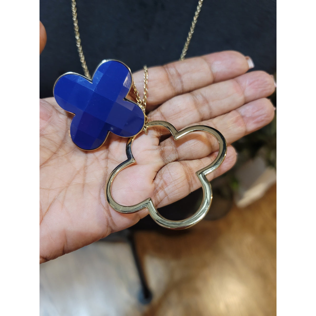 Women's Long Gold Chain Necklace Blue Clover Pendant With Lobster Clasp Lock