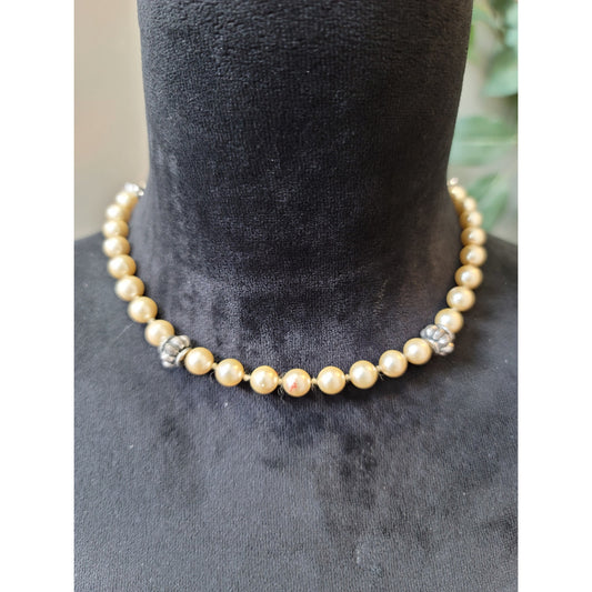 Women's Cream Pearl Beaded Necklace With Antique Silver Crown Shaped Lock