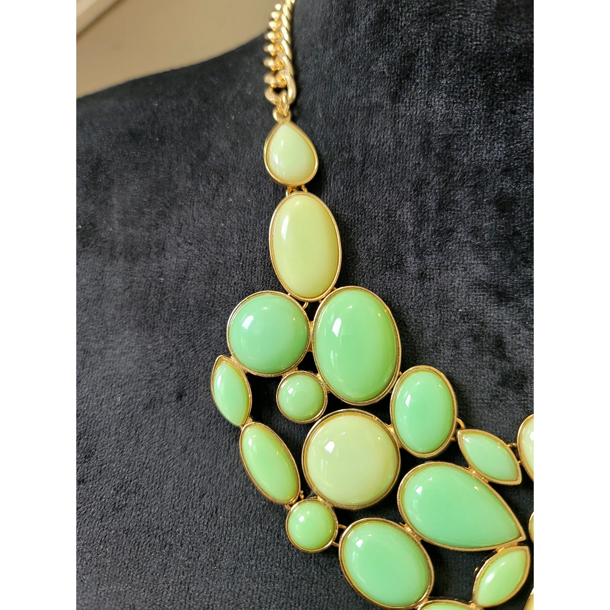 Mint Green Gold Tone Cabochon Bib Statement Necklace Chunky