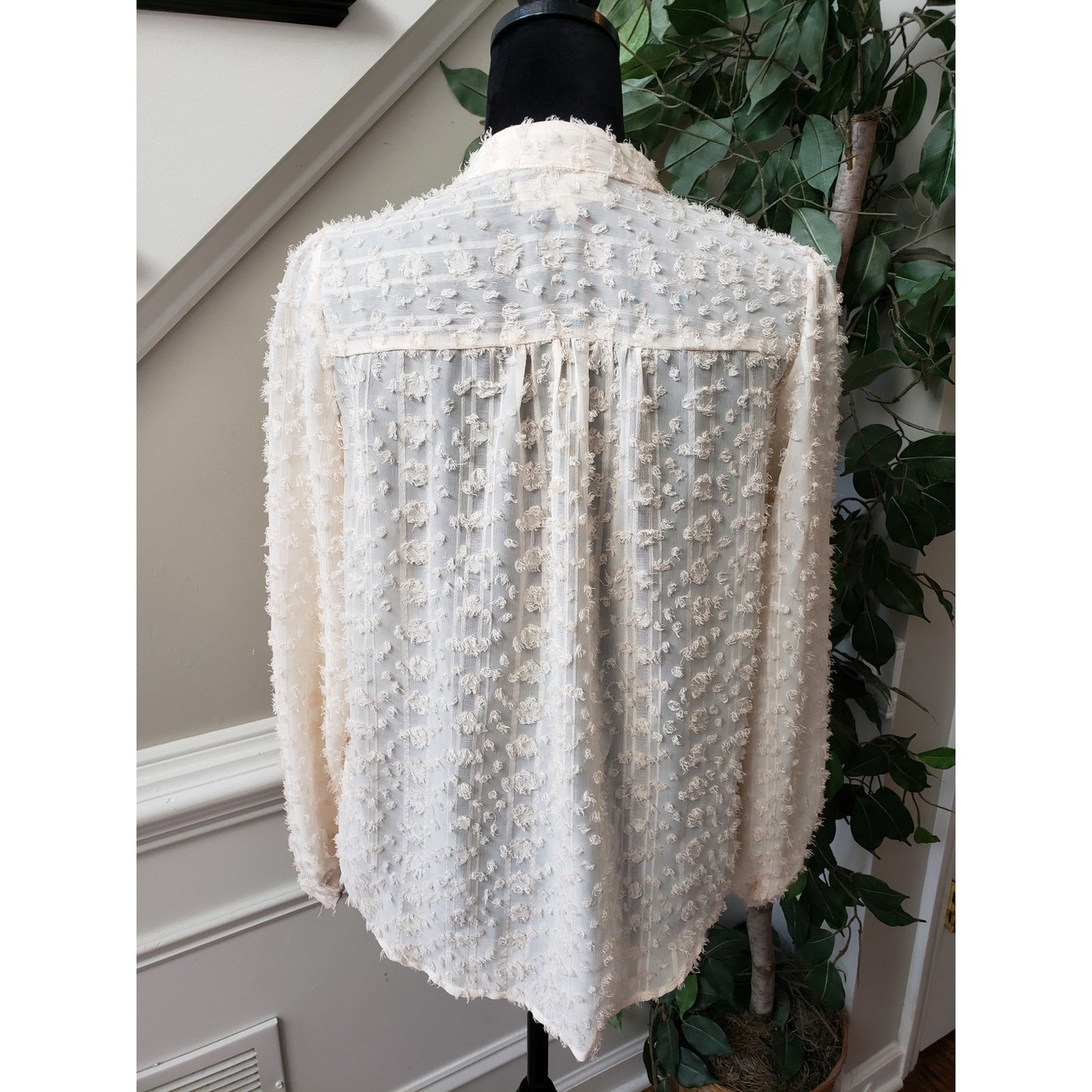 Listicle Button Down Shirt Womens Medium Beige Lace Sheer Tie Neck Long Sleeve