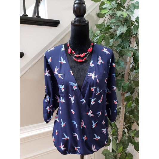 New York & Company Women's Blue 100% Polyester V-Neck Long Sleeve Top Blouse L