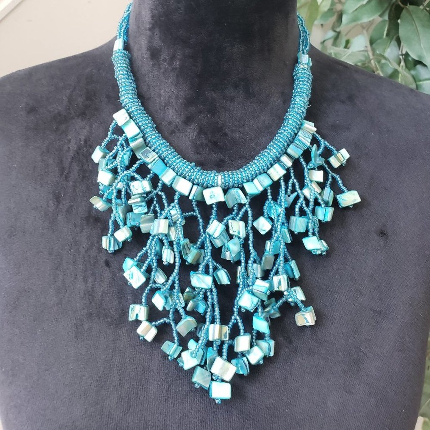 Womens Fashion Abalone Shell Glass Seed Beaded Fringe Statement Necklace