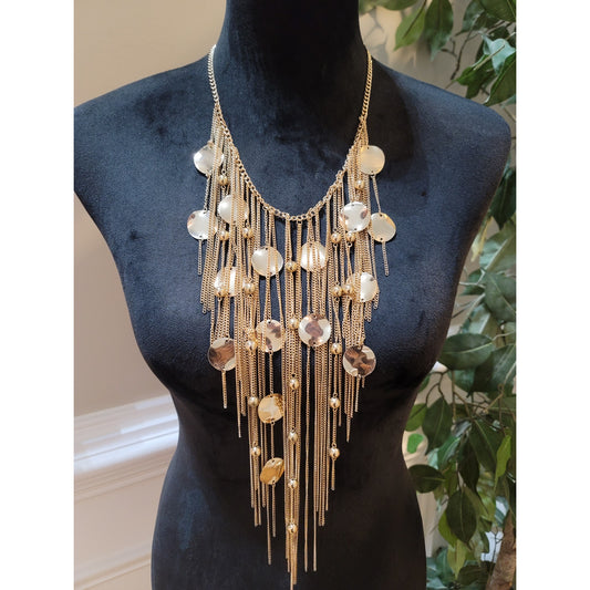 Women’s Gold Tone Fringe Layered Fashion Chain Necklace With Lobster's Clasp