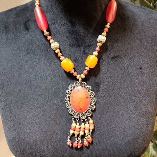 Womens Fashion Orange Beaded Kuchi Pendant Necklace with Hook & Eye Clasp