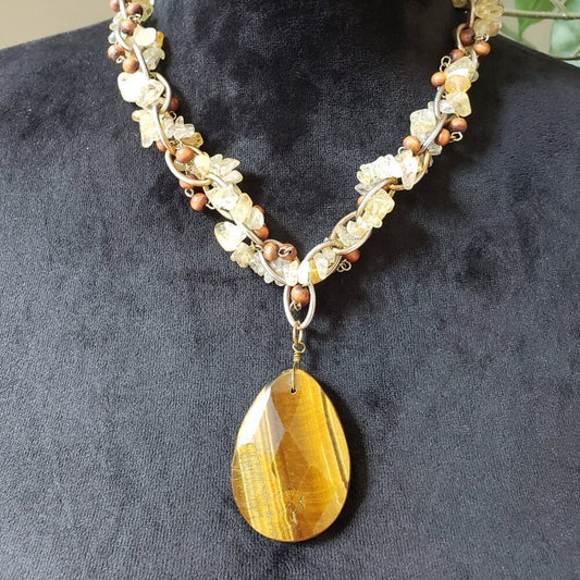 Womens Silver Tone Yellow Tiger Citrine Crystals Pendant Necklace with Lobster