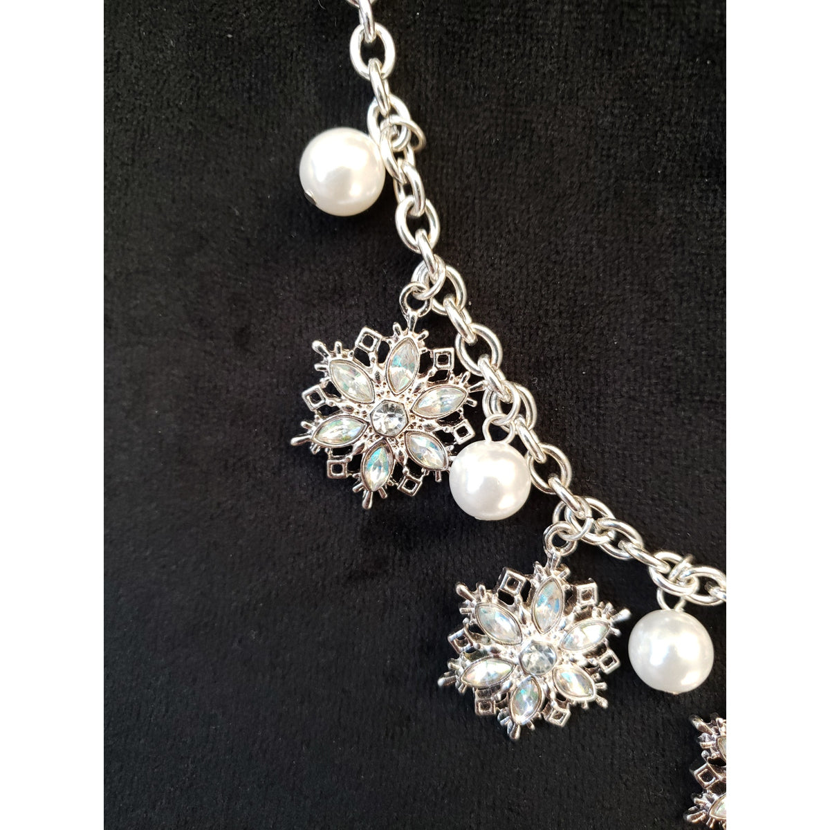Silver Snowflake Charm Necklace with Faux Pearls and Crystals Adjustable Chain