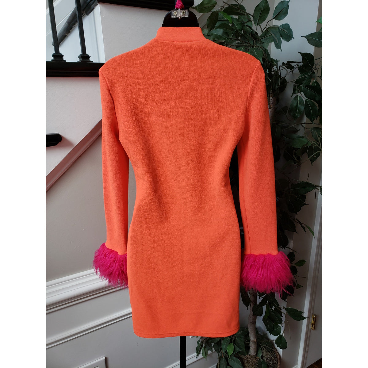 SHEIN Bodycon Dress Women's Medium Orange Long Fringe Sleeve Mock Neck Pullover