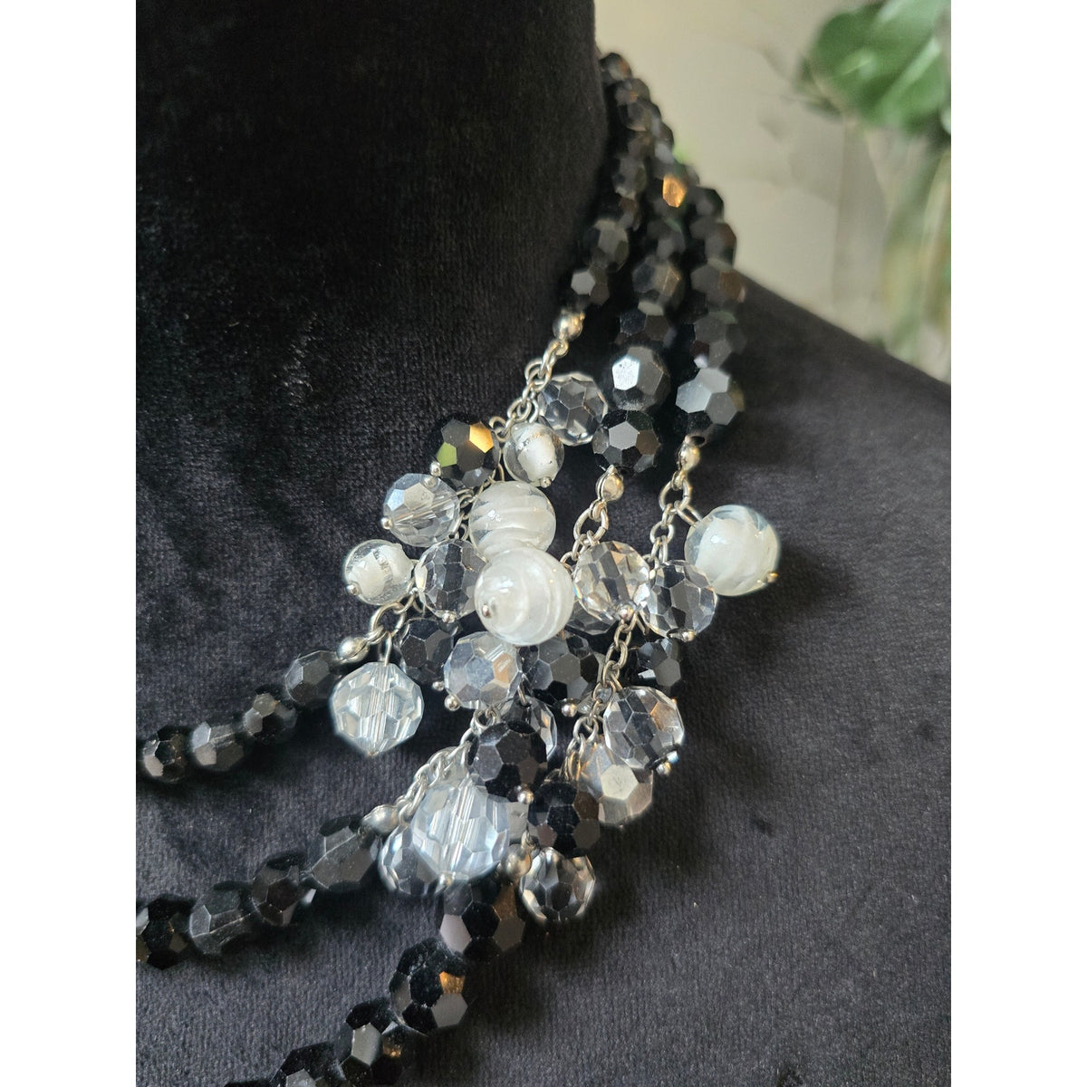 Black Gray Multi Strand Beaded Statement Necklace