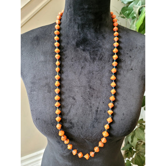 Orange Beaded Long Strand Necklace Faceted Boho Southwestern Statement Jewelry