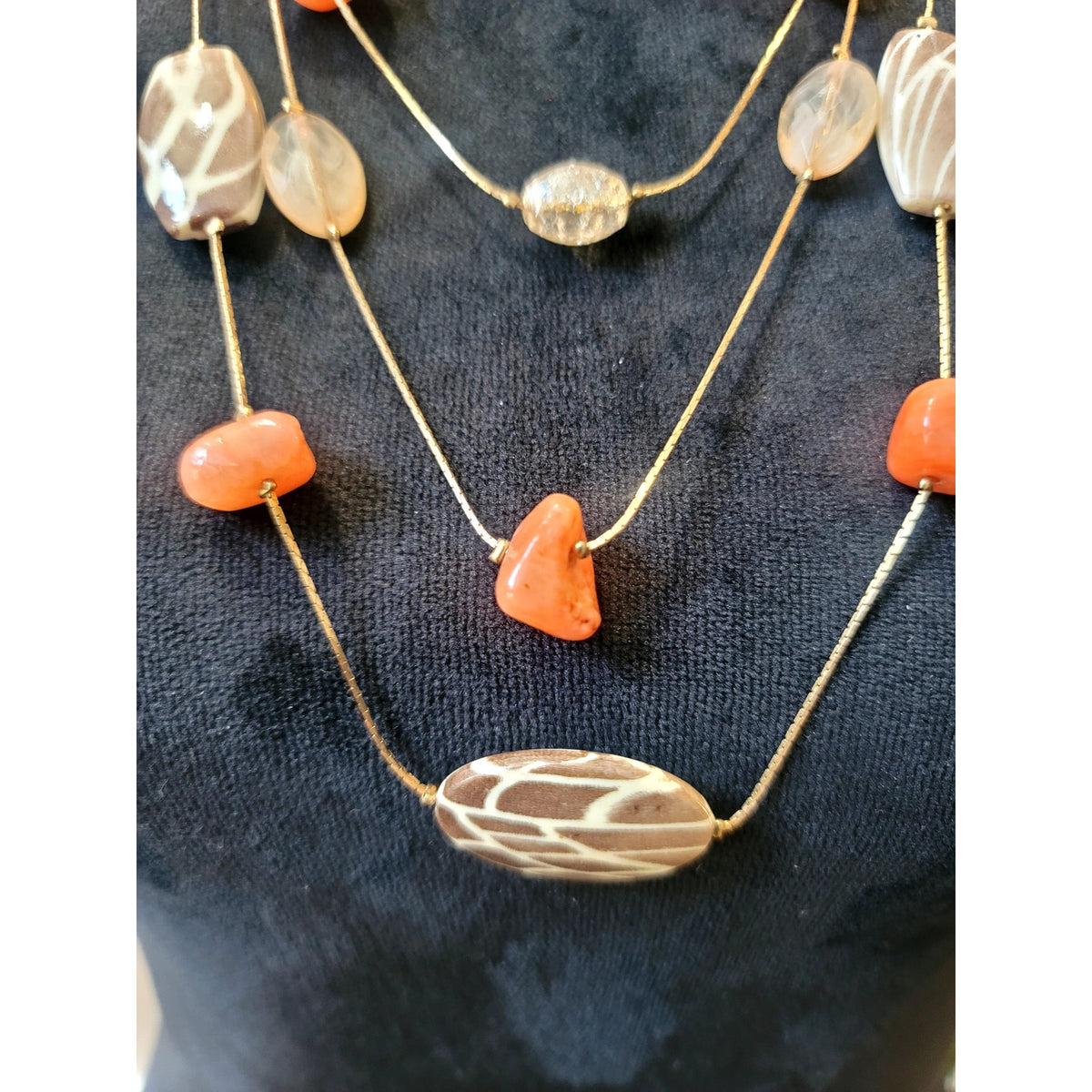 Multi Strand Earth Tone Beaded Necklace Brown Orange Tribal Boho Statement