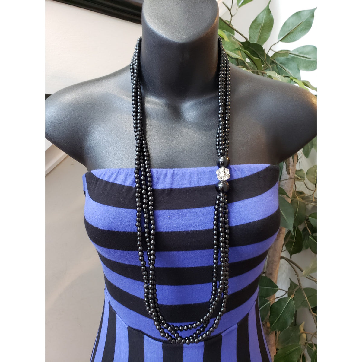 Women's Long Maxi Dress XS Black & Blue Stripped Tube Stretch Off The Shoulder