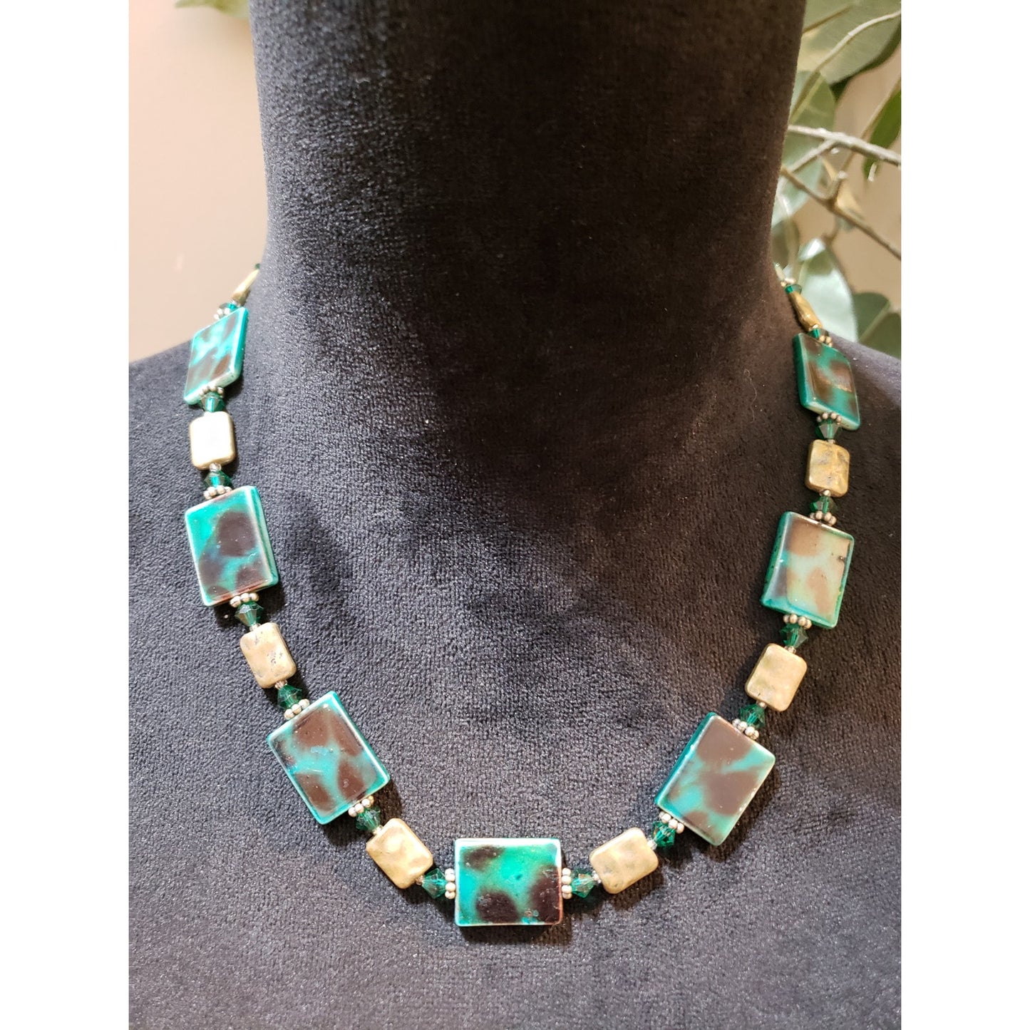 Womens Sea Blue Square Turquoise White Murano Link Stone Necklace with Lobster
