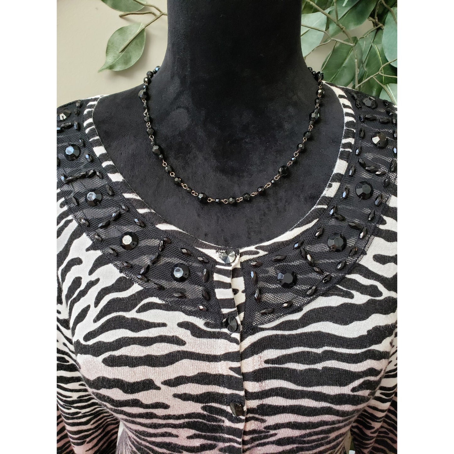 Carolyn Taylor Sweater Womens M Black White Zebra Print Lace Trim Rhinestone